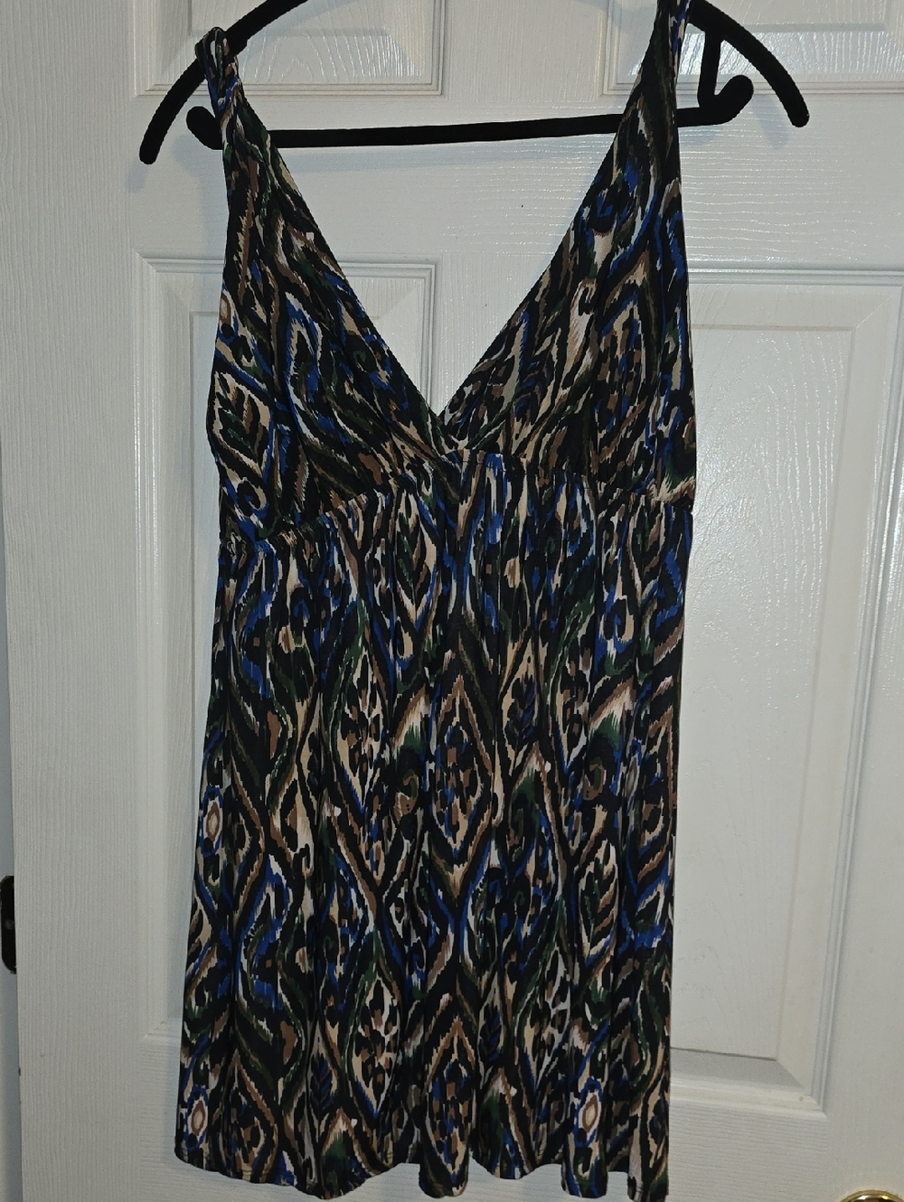 Jordan Multicolor Abstract‎ Print V-Neck Dress in Blue, Black & Brown